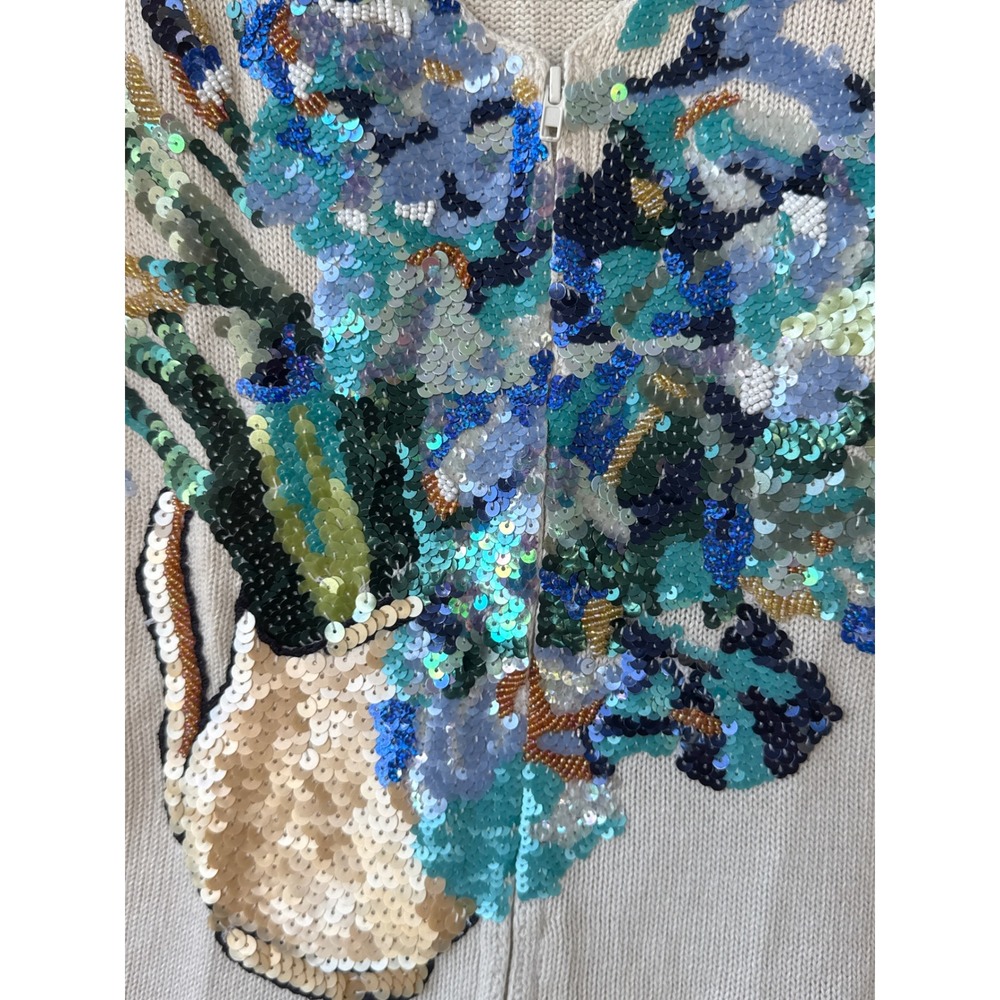 Storybook Knits Floral Sequin Beaded Zip Front Cardigan Sweater Cream Small NWT - Picture 3 of 11